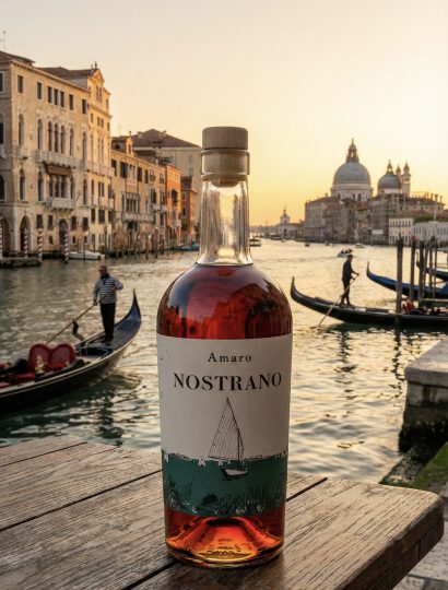 Amaro Nostrano bottiglia con panorama Venezia Canal Grande sullo sfondo