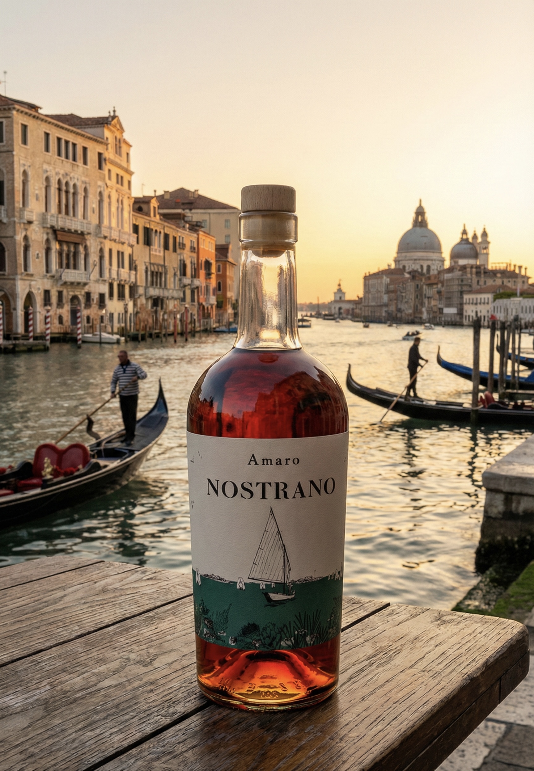 Amaro Nostrano bottiglia con panorama Venezia Canal Grande sullo sfondo