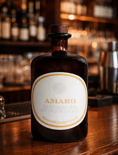 Amaro Macerato di Officinali Risorgimento 5 bottiglia artigianale su bancone bar