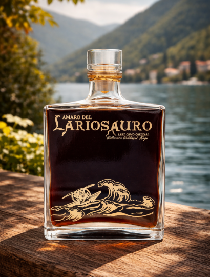 Amaro del Lariosauro bottiglia con panorama Lago di Como