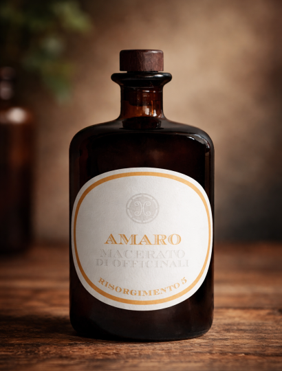 Amaro Macerato di Officinali Risorgimento 5 bottiglia dettaglio etichetta