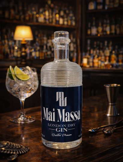 Mai Massa London Dry Gin bottiglia premium su bancone bar
