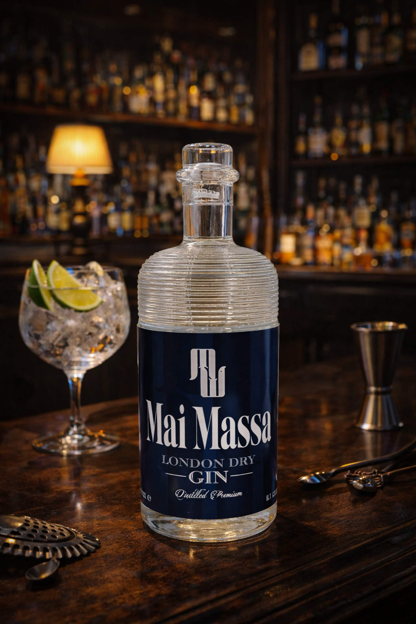 Mai Massa London Dry Gin bottiglia premium su bancone bar